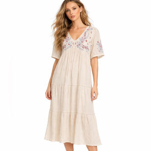 Zudio Embroidered Boho Tiered Dress Cream Floral Peasant Midi Medium